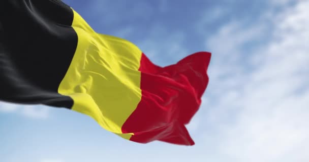 比利时国旗的特写在一个晴朗的日子挥动着 三个相等的垂直带 黄色和红色 无缝3D渲染动画 慢动作回圈有选择的重点 — 图库视频影像