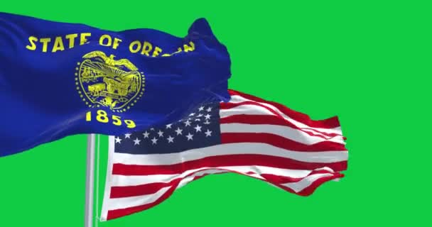Bandeira Estado Oregon Acenando Com Bandeira Americana Isolada Fundo Verde — Vídeo de Stock