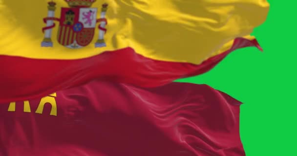 Närbild Murcia Och Spanska Flaggor Viftar Isolerad Grön Bakgrund Autonoma — Stockvideo