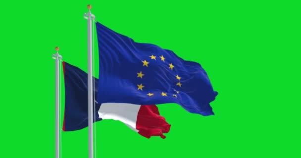フランスの国旗と欧州連合は緑の背景で孤立した シームレス3Dレンダリングアニメーション クロマキー スローモーションループ グリーン スクリーン 4Kについて 選択的なフォーカス — ストック動画