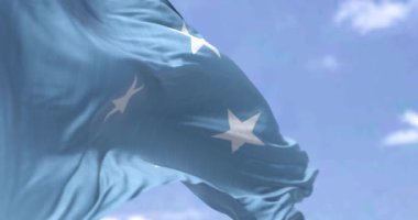 Mikronezya Birleşik Devletleri 'nin ulusal bayrağı açık bir günde rüzgarda sallanıyor. Pasifik Okyanusu 'nda bağımsız bir eyalet. Kusursuz 3 boyutlu animasyon. Yavaş çekim döngüsü. Seçici odak