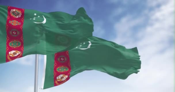 Turkmenistan Nationale Vlaggen Zwaaien Een Heldere Dag Groen Veld Rode — Stockvideo