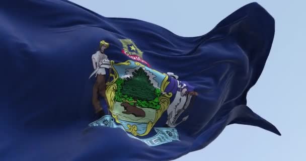 Närbild Maine State Flagga Vinka Klar Dag Vapensköld Ett Blått — Stockvideo