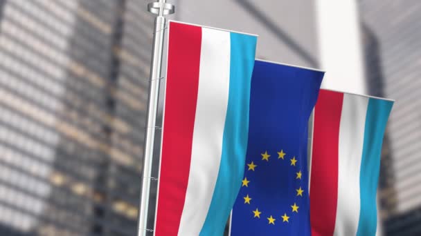 Las Banderas Luxemburgo Unión Europea Ondeando Viento Día Claro Luxemburgo — Vídeos de Stock