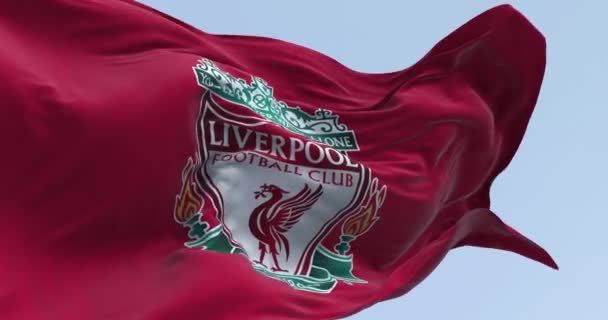 Liverpool Wielka Brytania Września 2023 Zbliżenie Flagi Klubu Piłkarskiego Liverpool — Wideo stockowe
