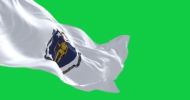 Massachusetts eyaleti bayrağı yeşil arka planda izole edilmiş. Kusursuz 3D canlandırma animasyonu. Krom anahtar. Yavaş çekim döngüsü. Yeşil ekran. 4 bin. Seçici odak.