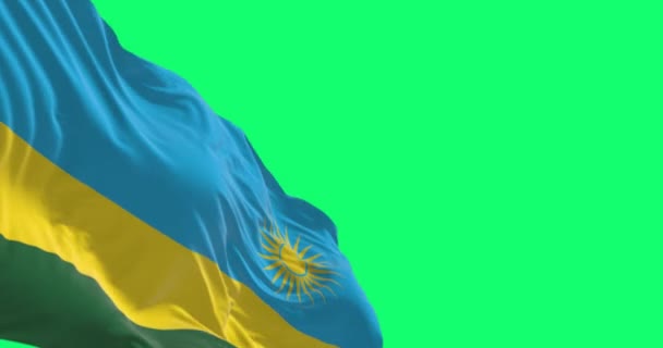 Närbild Rwanda Nationella Flagga Viftar Isolerad Grön Bakgrund Sömlös Rendering — Stockvideo