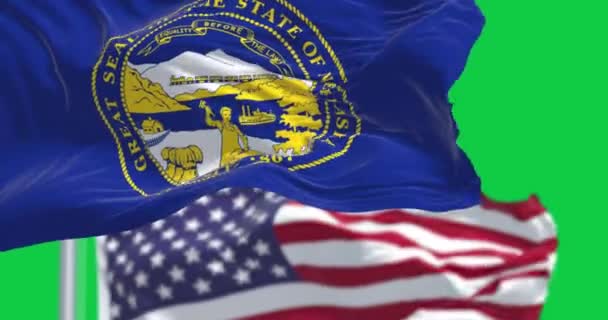 内布拉斯加州的国旗飘扬着 美国国旗与绿色背景隔离 无缝3D渲染动画 慢动作回圈绿色屏幕 有选择的重点 — 图库视频影像