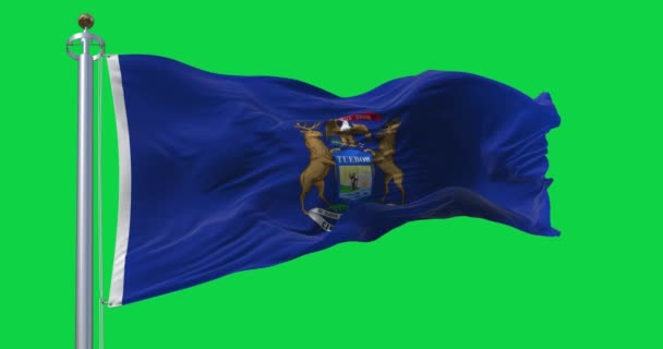 密歇根州的国旗在绿色背景下飘扬 无缝3D渲染动画 绿色屏幕 阿尔法频道慢动作回圈4K 有选择的重点 — 图库视频影像