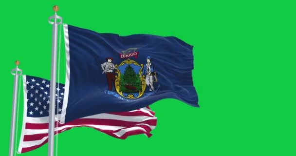 美国和缅因州的国旗在绿色背景下被隔离 无缝3D渲染动画 绿色屏幕 阿尔法频道慢动作回圈4K 有选择的重点 — 图库视频影像