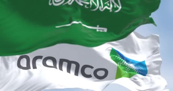 Dhahran Jan 2024 Flags Aramco Saudi Arabia Waving Wind Saudi — Stock Video