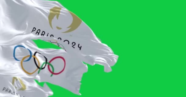 Paryż Października 2023 Paryż 2024 Flagi Olimpijskie Falujące Zielonym Tle — Wideo stockowe