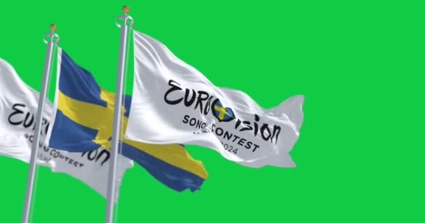 2023年2月2日 瑞典东南部马尔默 欧洲歌唱大赛 Eurovision Song Contest 瑞典国旗在绿色背景下飘扬 无缝3D渲染动画 慢动作回圈绿色屏幕 有选择的重点 — 图库视频影像