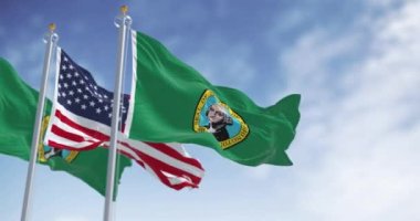 Washington eyaletinin bayrakları Amerikan bayrağıyla dalgalanıyor. Koyu yeşil alan, fokun ortasında George Washington resmi var. Kusursuz 3 boyutlu animasyon. Yavaş çekim döngüsü. Seçici odak