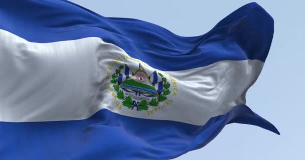 在晴朗的日子里 萨尔瓦多国旗在风中飘扬 白色和蓝色的水平条纹 中央的国徽 无缝3D渲染动画 慢动作回路 — 图库视频影像