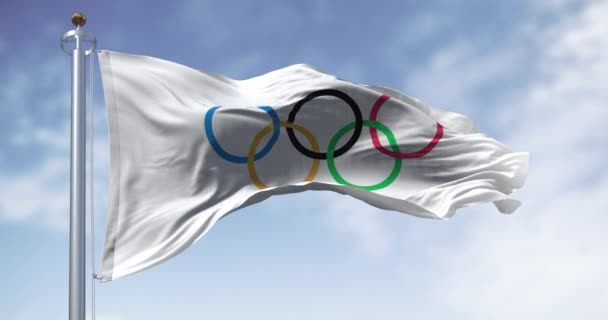 Paris Oktober 2023 Die Fahnen Der Olympischen Spiele Wehen Einem — Stockvideo