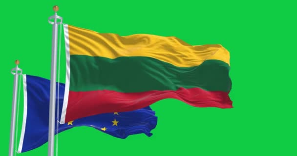 Прапори Литви Європейського Союзу Махають Ізольовано Зеленому Тлі Безшовна Анімація — стокове відео