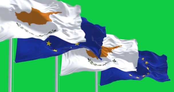 Cyperns Nationella Flagga Viftar Med Europeiska Unionens Flagga Isolerad Grön — Stockvideo