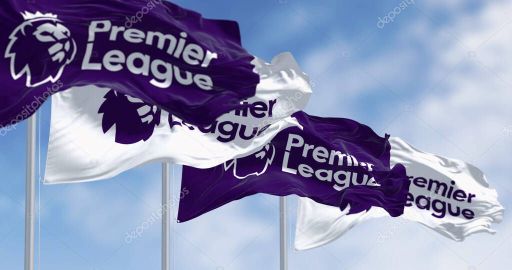 London, UK, april 2023: Premier League flags waving in the wind. Premier League is the top level of the English football league system. Illustrative editorial 3d illustration render. Selective focus