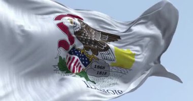 Açık bir günde rüzgarda dalgalanan Illinois eyalet bayrağının yakın çekimi. Illinois 'in mührü beyaz bir zemine karşı aşağıda Illinois sözcüğü var. Kusursuz 3 boyutlu animasyon. Yavaş çekim döngüsü