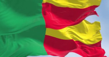 Benin ulusal bayraklarının yakın çekimi. Uçan tarafta iki yatay sarı ve kırmızı şerit ve kaldırmada da yeşil dikey şerit. Kusursuz 3 boyutlu animasyon. Yavaş çekim döngüsü. Seçici odak