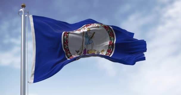 バージニア州旗は晴れた日に風を吹いている 暗い青色の背景の真ん中にステートシール シームレス3Dレンダリングアニメーション スローモーションループ 選択的なフォーカス — ストック動画