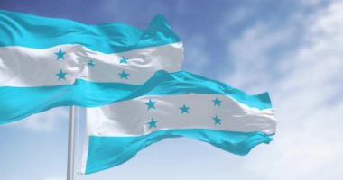 Açık bir günde rüzgarda sallanan birkaç Honduras bayrağı. Ulusal gurur, kimlik ve bağımsızlığın sembolü. Kusursuz 3 boyutlu animasyon. Yavaş çekim döngüsü