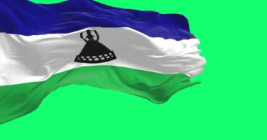 Ulusal Lesotho bayrağı yeşil arka planda izole edilmiş. Kusursuz 3D canlandırma animasyonu. Yeşil ekran. Krom anahtar. Alfa kanalı. Yavaş çekim döngüsü. 4K