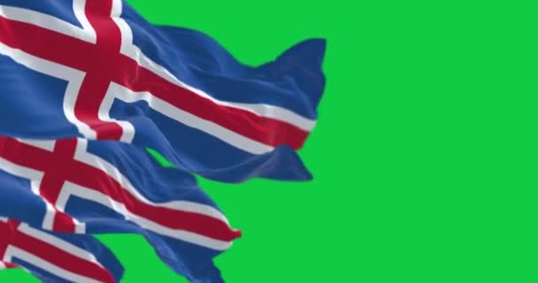 冰岛国旗在绿色背景下飘扬的特写 无缝3D渲染动画 慢动作回圈绿色屏幕 有选择的重点 — 图库视频影像