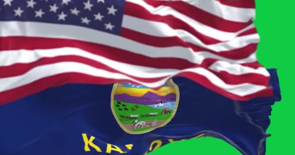 Kansas State Flag American Flag Waving Isolated Green Background Seamless — Stock Video