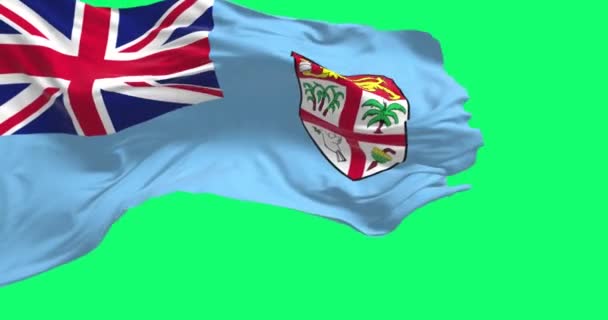 Λεπτομέρεια Της Εθνικής Σημαίας Του Fiji Που Κυματίζει Απομονωμένη Πράσινο — Αρχείο Βίντεο