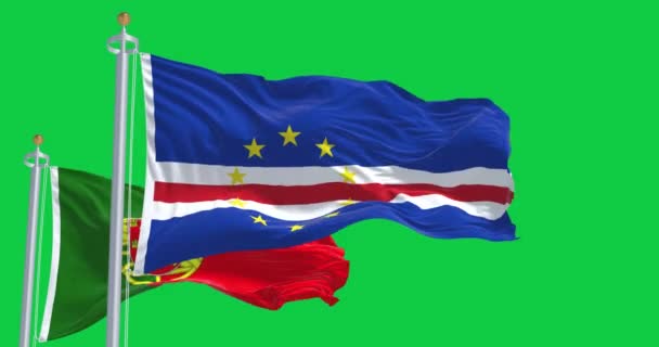 Bandera Nacional Cabo Verde Ondeando Con Bandera Portuguesa Aislada Sobre — Vídeo de stock