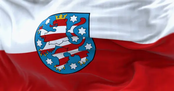 Close Bandeira Turíngia Acenando Vento Thuringia Estado Alemão Land Situado Imagem De Stock