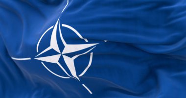 Brüksel, BE, 10 Şubat 2024, NATO bayrağına yakın çekim. Bir kolektif güvenlik sistemi oluşturan uluslararası askeri ittifak. Resimli 3d illüstrasyon oluşturucu
