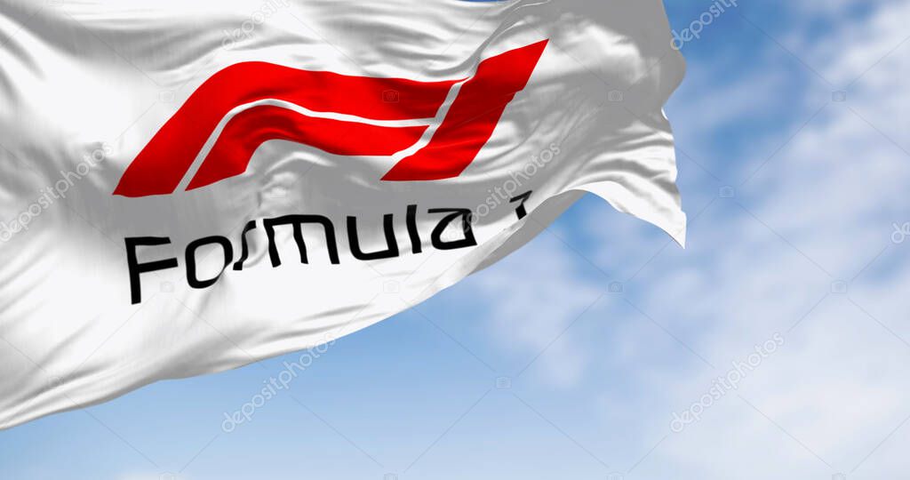 Paris, FR, Feb. 2 2024; Formula 1 white flag waving on a clear day. illustrative editorial 3d illustration render. Rippling fabric