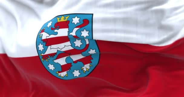 風に揺れているチューリンガーの旗の閉鎖 Thuringiaはドイツ中央部に位置するドイツの州です シームレス3Dレンダリングアニメーション スローモーションループ 選択的なフォーカス — ストック動画