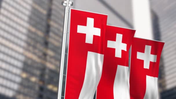 Bandeiras Verticais Nacionais Suíça Acenando Vento Fundo Vermelho Com Uma — Vídeo de Stock