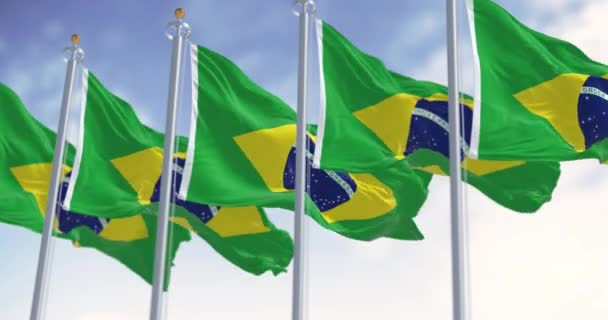 Skupina Brazilských Národních Vlajek Vlnících Větru Žlutý Diamant Zeleném Poli — Stock video