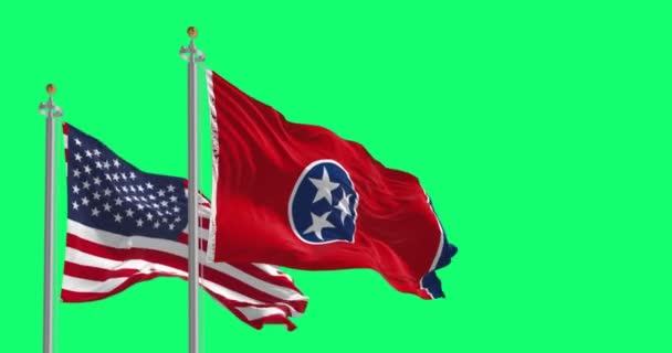 Tennessee Staat Vlag Zwaaien Met Amerikaanse Vlag Geïsoleerd Groene Achtergrond — Stockvideo