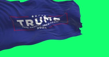 Arlington, ABD, OKT. 21 2023: Donald Trump seçim kampanyası bayrağı yeşil arka planda izole edildi. Kusursuz 3D canlandırma animasyonu. Krom anahtar. Yavaş çekim döngüsü. Yeşil ekran. 4K