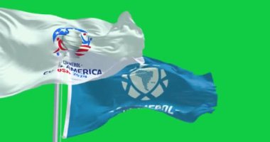 Miami, ABD, 3 Aralık 2023: Copa America USA 2024 Bayrağı yeşil arka planda CONMEBOL bayrağı ile dalgalanıyor. Kusursuz 3D canlandırma animasyonu. Krom anahtar. Yavaş çekim döngüsü. Yeşil ekran. 4 bin. Seçici odak
