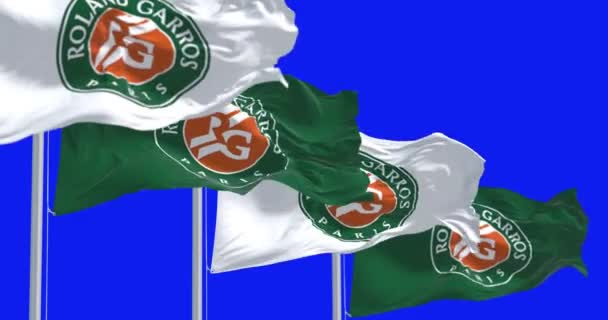 Paris Jan 2024 Roland Garros Flags Waving Isolated Blue Background — Stock Video