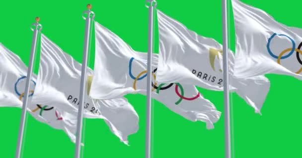 Parigi Ottobre 2023 Parigi 2024 Bandiere Olimpiche Sventolano Isolate Sfondo — Video Stock