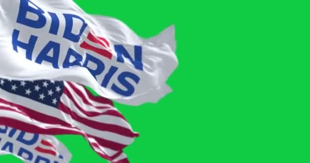 ニューヨーク アメリカ ジャン2023 バイデン ハリス旗とアメリカの国旗は緑の背景で孤立した シームレス3Dレンダリングアニメーション クロマキー スローモーションループ グリーン スクリーン — ストック動画