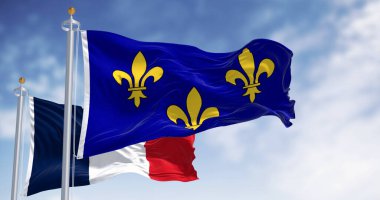 Ile de France bayrağı ulusal Fransız bayrağıyla dalgalanıyor. Ile de France, Fransa 'nın on sekiz bölgesinden en kalabalık olanıdır. 3D illüstrasyon canlandırıcı. Dalgalanan kumaş