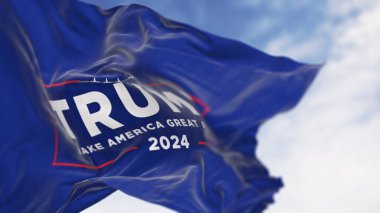 Arlington, ABD, Mar. 6 2024: Açık bir günde Donald Trump seçim kampanyası bayrağının yakın çekimi. 2024 ABD başkanlık seçimi. Resimli 3d illüstrasyon oluşturucu