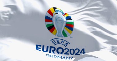 Berlin, DE, Mar. 32024: UEFA Euro 2024 Avrupa Futbol Şampiyonası bayrağı dalgalanıyor. Uluslararası spor müsabakası. Resimli 3d illüstrasyon oluşturucu
