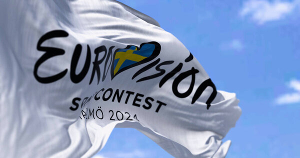 Мальме, SE, 25 октября 2023: Закрытие "Евровидения-2024" в ясный день. Чемпионат 2024 года пройдет в Мальме в мае. Иллюстративная редакционная 3D иллюстрация