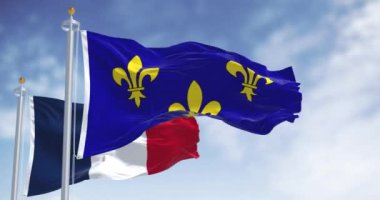 Ile de France bayrağı ulusal Fransız bayrağıyla dalgalanıyor. Ile de France, Fransa 'nın on sekiz bölgesinden en kalabalık olanıdır. Kusursuz 3 boyutlu animasyon. Yavaş çekim döngüsü