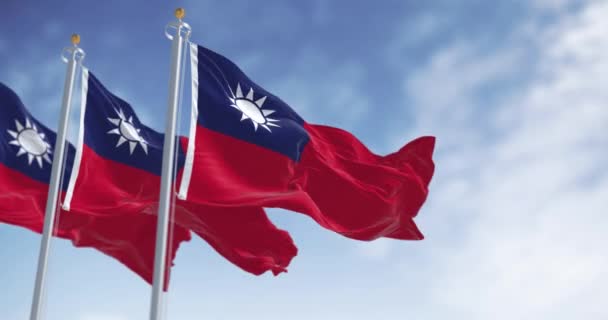 Tre Bandiere Taiwan Sventolano Nel Vento Bandiera Rossa Con Sole — Video Stock